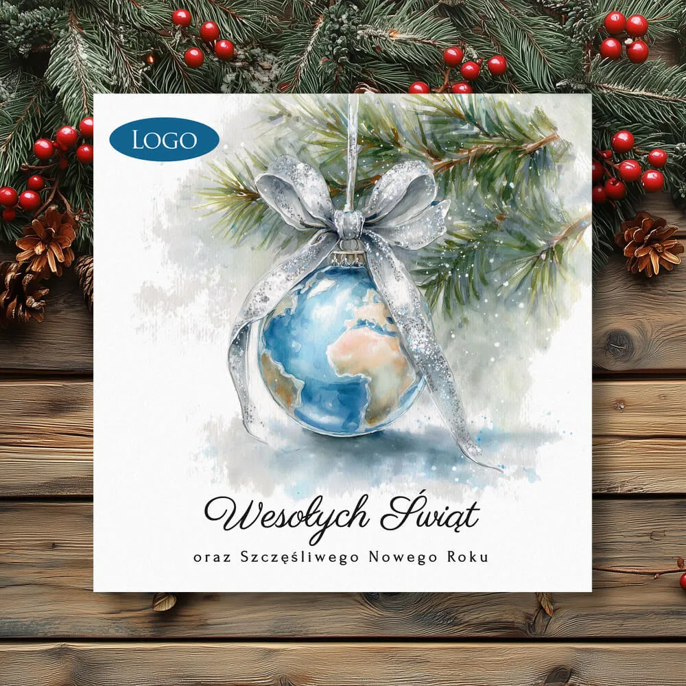kartka bożonarodzeniowa dla firm z motywem kuli ziemskiej