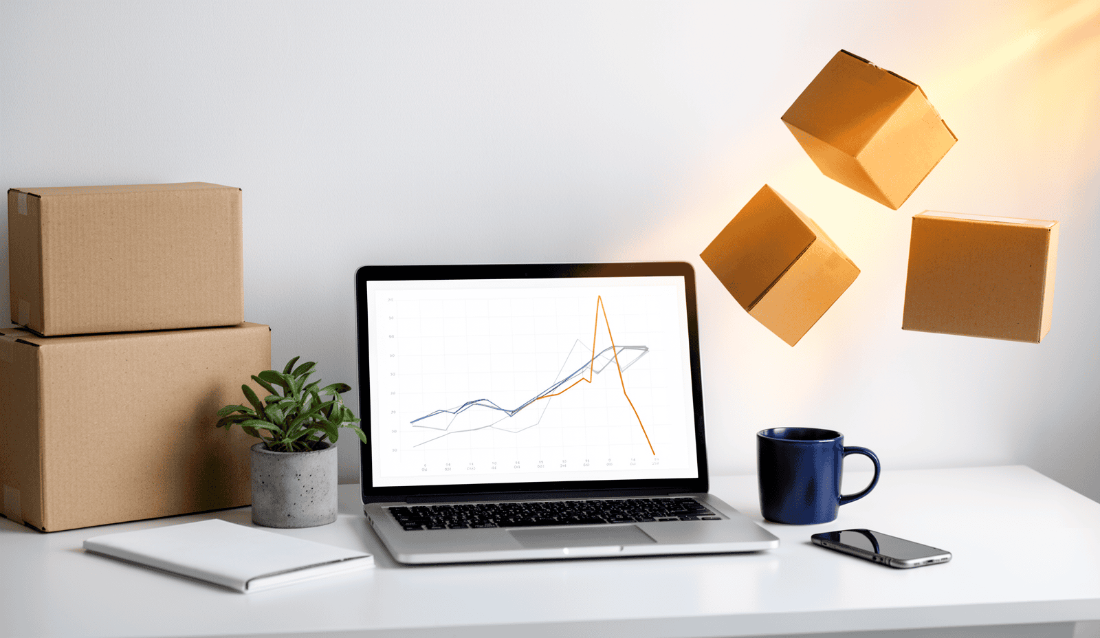 Ponadczasowe bestsellery vs. chwilowe trendy – w co inwestować budżet reklamowy Allegro? Biurko sprzedawcy e-commerce: stabilny stos kartonów i laptop z wykresem, na którym równa niebieska linia kontrastuje z gwałtownym pomarańczowym szczytem